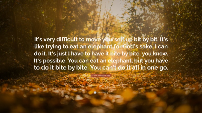 Colin Montgomerie Quote: “It’s very difficult to move yourself up bit by bit. It’s like trying to eat an elephant for God’s sake. I can do it. It’s just I have to have it bite by bite, you know. It’s possible. You can eat an elephant, but you have to do it bite by bite. You can’t do it all in one go.”