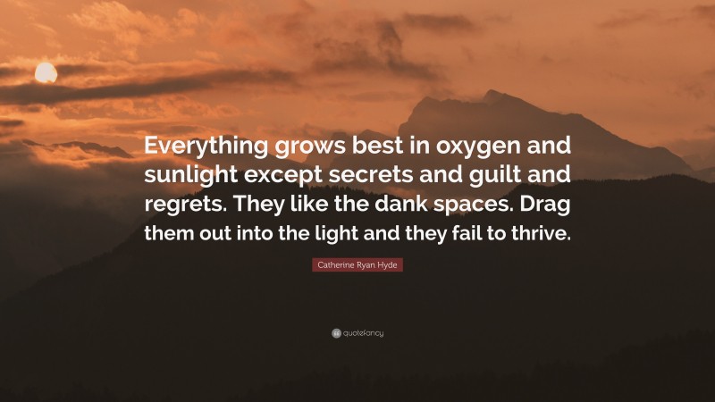 Catherine Ryan Hyde Quote: “Everything grows best in oxygen and sunlight except secrets and guilt and regrets. They like the dank spaces. Drag them out into the light and they fail to thrive.”