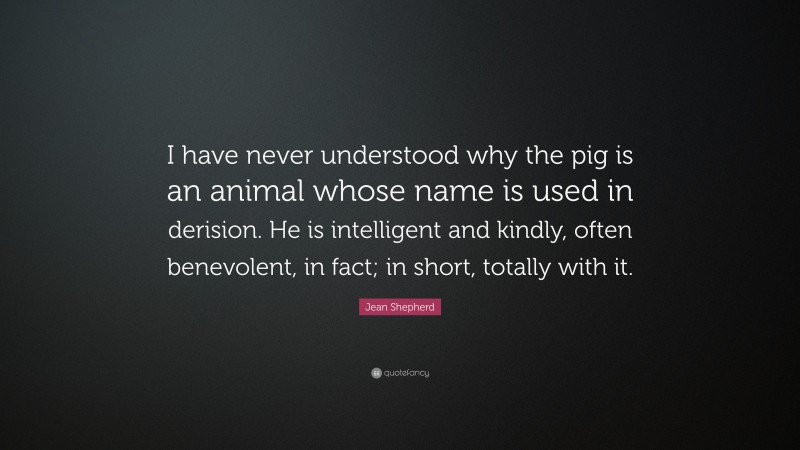 Jean Shepherd Quote: “I have never understood why the pig is an animal whose name is used in derision. He is intelligent and kindly, often benevolent, in fact; in short, totally with it.”