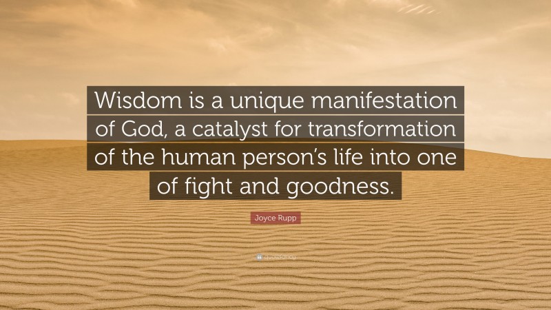 Joyce Rupp Quote: “Wisdom is a unique manifestation of God, a catalyst for transformation of the human person’s life into one of fight and goodness.”