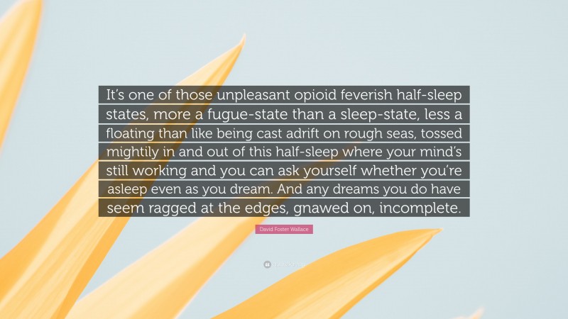 David Foster Wallace Quote: “It’s one of those unpleasant opioid feverish half-sleep states, more a fugue-state than a sleep-state, less a floating than like being cast adrift on rough seas, tossed mightily in and out of this half-sleep where your mind’s still working and you can ask yourself whether you’re asleep even as you dream. And any dreams you do have seem ragged at the edges, gnawed on, incomplete.”