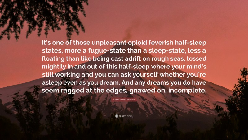 David Foster Wallace Quote: “It’s one of those unpleasant opioid feverish half-sleep states, more a fugue-state than a sleep-state, less a floating than like being cast adrift on rough seas, tossed mightily in and out of this half-sleep where your mind’s still working and you can ask yourself whether you’re asleep even as you dream. And any dreams you do have seem ragged at the edges, gnawed on, incomplete.”