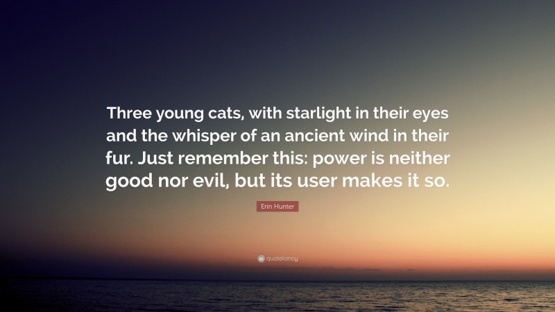 Erin Hunter Quote: “Three young cats, with starlight in their eyes and the whisper of an ancient wind in their fur. Just remember this: power is neither good nor evil, but its user makes it so.”