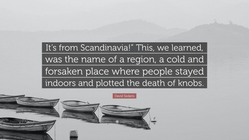 David Sedaris Quote: “It’s from Scandinavia!” This, we learned, was the name of a region, a cold and forsaken place where people stayed indoors and plotted the death of knobs.”