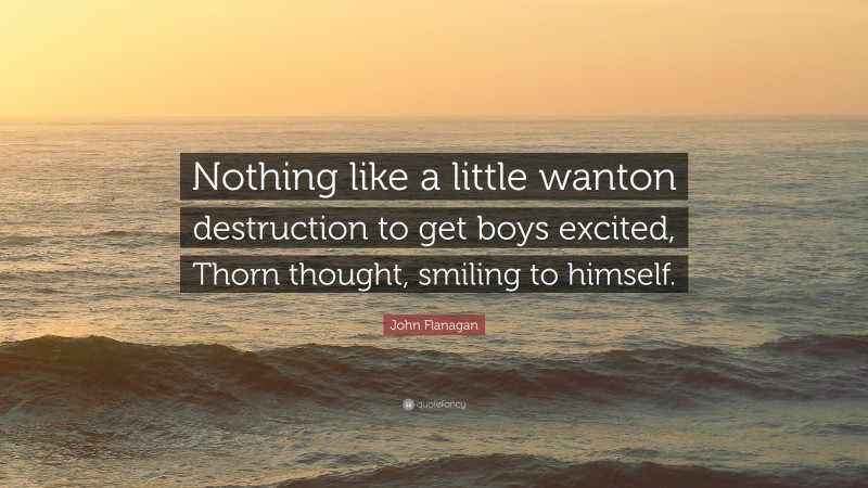 John Flanagan Quote: “Nothing like a little wanton destruction to get boys excited, Thorn thought, smiling to himself.”