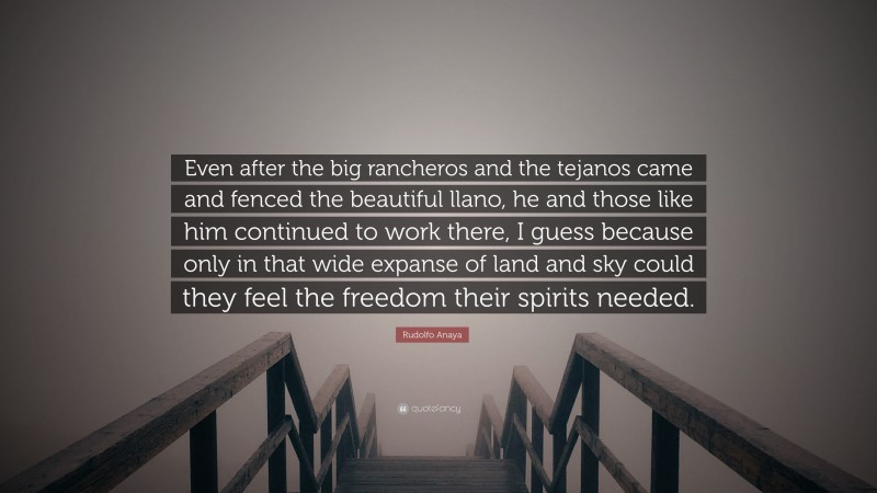 Rudolfo Anaya Quote: “Even after the big rancheros and the tejanos came and fenced the beautiful llano, he and those like him continued to work there, I guess because only in that wide expanse of land and sky could they feel the freedom their spirits needed.”