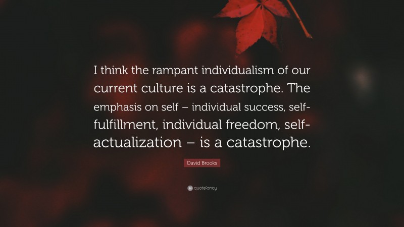 David Brooks Quote: “I think the rampant individualism of our current culture is a catastrophe. The emphasis on self – individual success, self-fulfillment, individual freedom, self-actualization – is a catastrophe.”