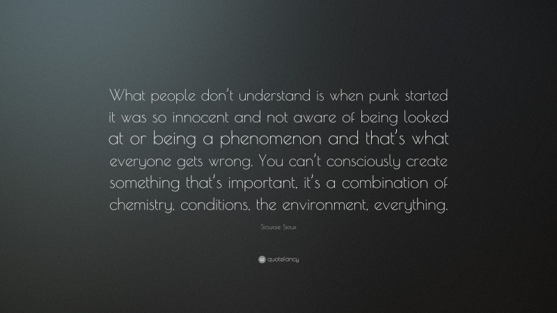 Siouxsie Sioux Quote: “What people don’t understand is when punk started it was so innocent and not aware of being looked at or being a phenomenon and that’s what everyone gets wrong. You can’t consciously create something that’s important, it’s a combination of chemistry, conditions, the environment, everything.”