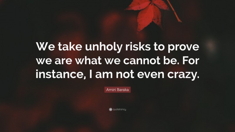 Amiri Baraka Quote: “We take unholy risks to prove we are what we cannot be. For instance, I am not even crazy.”