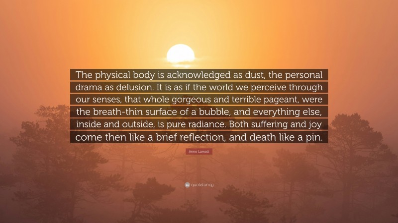 Anne Lamott Quote: “The physical body is acknowledged as dust, the personal drama as delusion. It is as if the world we perceive through our senses, that whole gorgeous and terrible pageant, were the breath-thin surface of a bubble, and everything else, inside and outside, is pure radiance. Both suffering and joy come then like a brief reflection, and death like a pin.”
