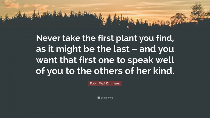 Robin Wall Kimmerer Quote: “Never take the first plant you find, as it might be the last – and you want that first one to speak well of you to the others of her kind.”