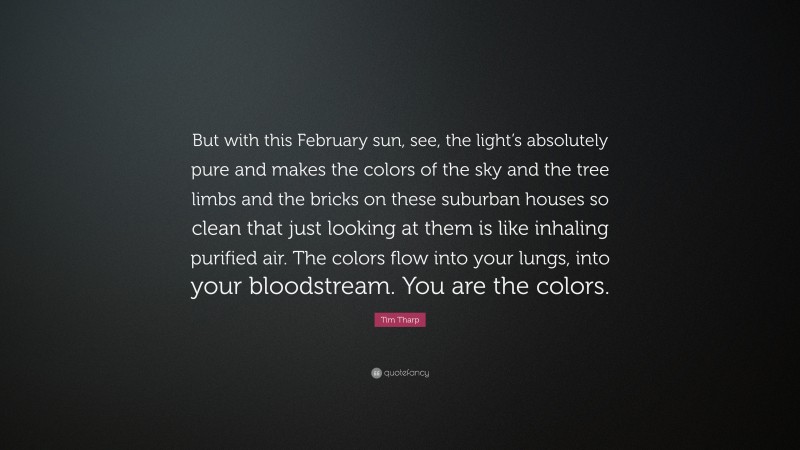 Tim Tharp Quote: “But with this February sun, see, the light’s absolutely pure and makes the colors of the sky and the tree limbs and the bricks on these suburban houses so clean that just looking at them is like inhaling purified air. The colors flow into your lungs, into your bloodstream. You are the colors.”