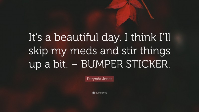 Darynda Jones Quote: “It’s a beautiful day. I think I’ll skip my meds and stir things up a bit. – BUMPER STICKER.”