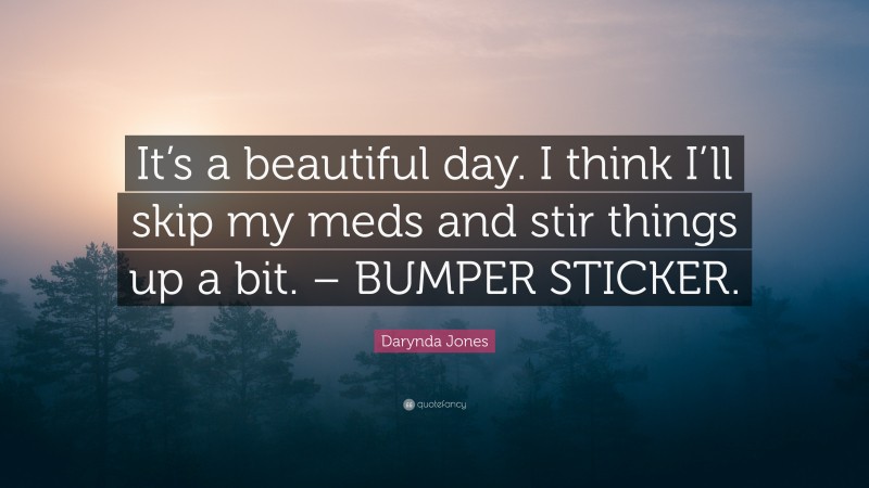 Darynda Jones Quote: “It’s a beautiful day. I think I’ll skip my meds and stir things up a bit. – BUMPER STICKER.”