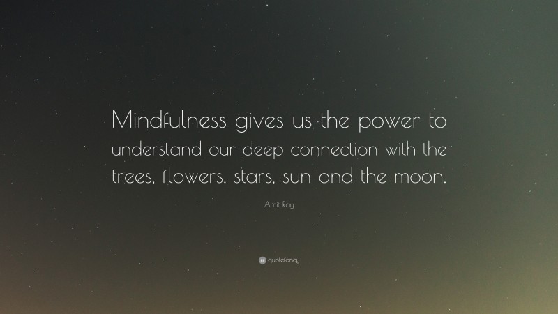 Amit Ray Quote: “Mindfulness gives us the power to understand our deep connection with the trees, flowers, stars, sun and the moon.”