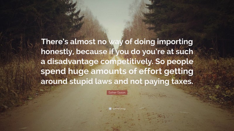 Esther Dyson Quote: “There’s almost no way of doing importing honestly, because if you do you’re at such a disadvantage competitively. So people spend huge amounts of effort getting around stupid laws and not paying taxes.”