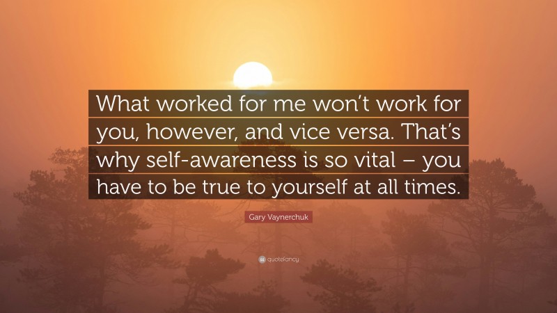 Gary Vaynerchuk Quote: “What worked for me won’t work for you, however, and vice versa. That’s why self-awareness is so vital – you have to be true to yourself at all times.”