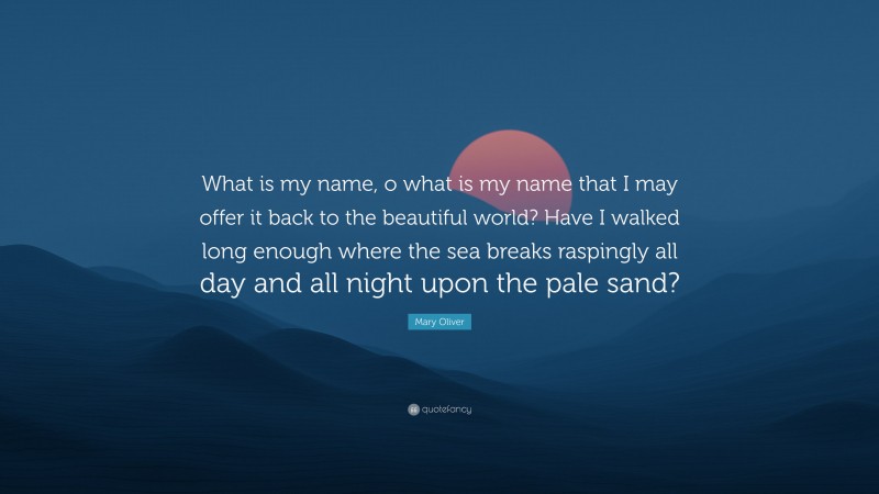 Mary Oliver Quote: “What is my name, o what is my name that I may offer it back to the beautiful world? Have I walked long enough where the sea breaks raspingly all day and all night upon the pale sand?”