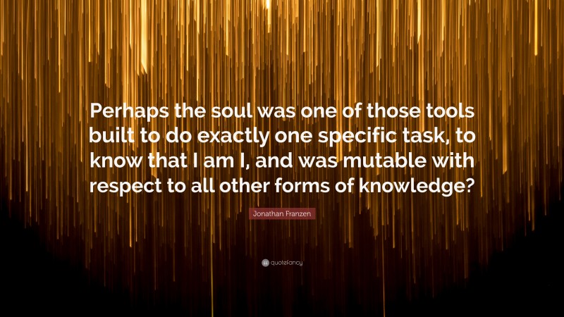 Jonathan Franzen Quote: “Perhaps the soul was one of those tools built to do exactly one specific task, to know that I am I, and was mutable with respect to all other forms of knowledge?”