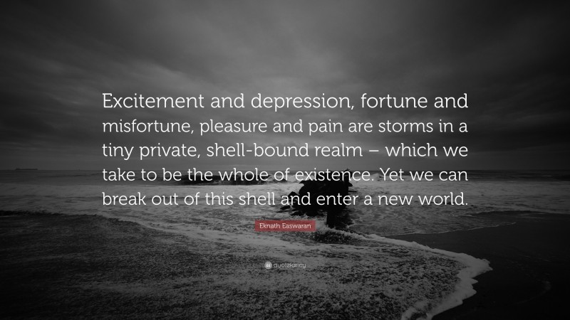 Eknath Easwaran Quote: “Excitement and depression, fortune and misfortune, pleasure and pain are storms in a tiny private, shell-bound realm – which we take to be the whole of existence. Yet we can break out of this shell and enter a new world.”