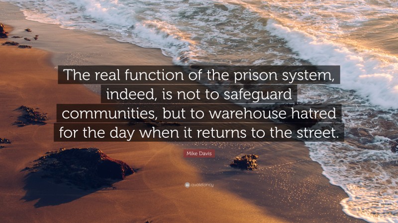 Mike Davis Quote: “The real function of the prison system, indeed, is not to safeguard communities, but to warehouse hatred for the day when it returns to the street.”