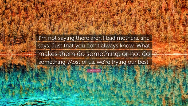 Celeste Ng Quote: “I’m not saying there aren’t bad mothers, she says. Just that you don’t always know. What makes them do something, or not do something. Most of us, we’re trying our best.”