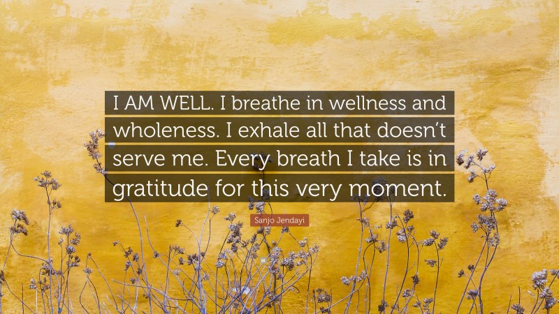 Sanjo Jendayi Quote: “I AM WELL. I breathe in wellness and wholeness. I exhale all that doesn’t serve me. Every breath I take is in gratitude for this very moment.”