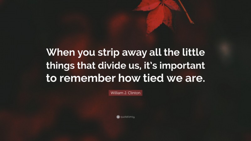 William J. Clinton Quote: “When you strip away all the little things that divide us, it’s important to remember how tied we are.”