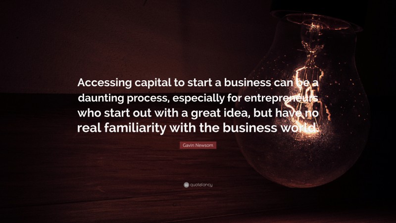 Gavin Newsom Quote: “Accessing capital to start a business can be a daunting process, especially for entrepreneurs who start out with a great idea, but have no real familiarity with the business world.”