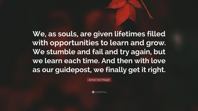 James Van Praagh Quote: “We, as souls, are given lifetimes filled with opportunities to learn and grow. We stumble and fail and try again, but we learn each time. And then with love as our guidepost, we finally get it right.”