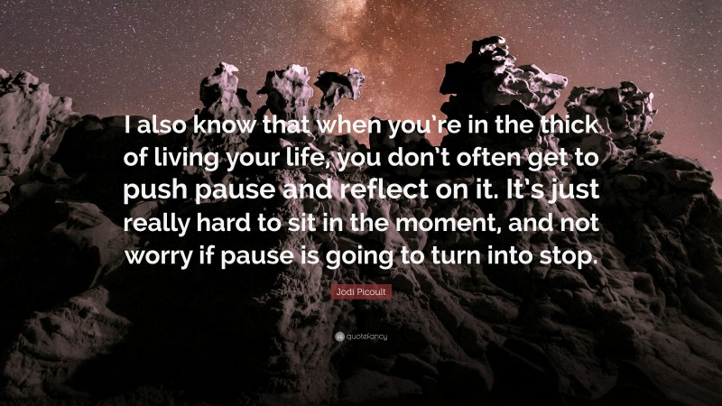 Jodi Picoult Quote: “I also know that when you’re in the thick of living your life, you don’t often get to push pause and reflect on it. It’s just really hard to sit in the moment, and not worry if pause is going to turn into stop.”