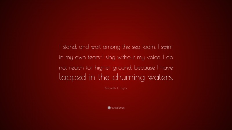 Meredith T. Taylor Quote: “I stand, and wait among the sea foam. I swim in my own tears-I sing without my voice. I do not reach for higher ground, because I have lapped in the churning waters.”