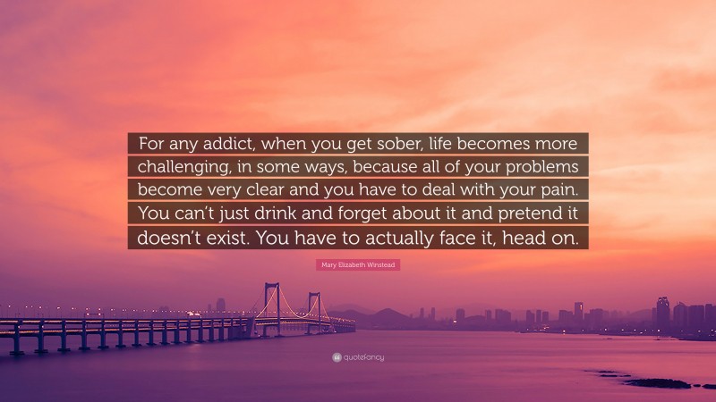 Mary Elizabeth Winstead Quote: “For any addict, when you get sober, life becomes more challenging, in some ways, because all of your problems become very clear and you have to deal with your pain. You can’t just drink and forget about it and pretend it doesn’t exist. You have to actually face it, head on.”