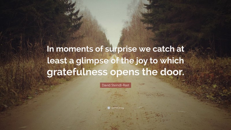 David Steindl-Rast Quote: “In moments of surprise we catch at least a glimpse of the joy to which gratefulness opens the door.”