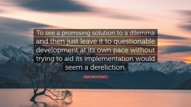 Roger Wolcott Sperry Quote: “To see a promising solution to a dilemma and then just leave it to questionable development at its own pace without trying to aid its implementation would seem a dereliction.”