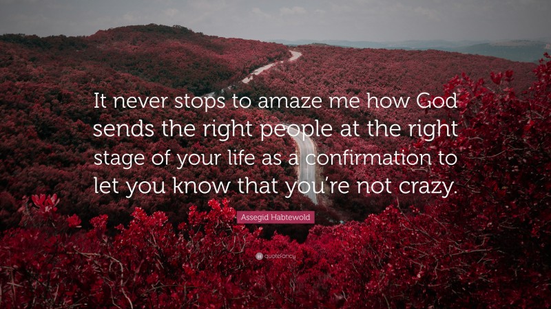 Assegid Habtewold Quote: “It never stops to amaze me how God sends the right people at the right stage of your life as a confirmation to let you know that you’re not crazy.”