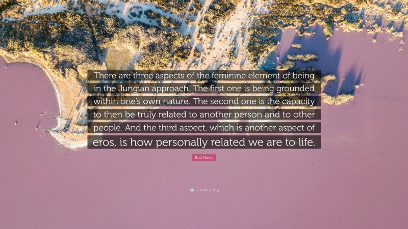 Bud Harris Quote: “There are three aspects of the feminine element of being in the Jungian approach. The first one is being grounded within one’s own nature. The second one is the capacity to then be truly related to another person and to other people. And the third aspect, which is another aspect of eros, is how personally related we are to life.”