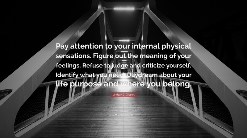 Lindsay C. Gibson Quote: “Pay attention to your internal physical sensations. Figure out the meaning of your feelings. Refuse to judge and criticize yourself. Identify what you need. Daydream about your life purpose and where you belong.”