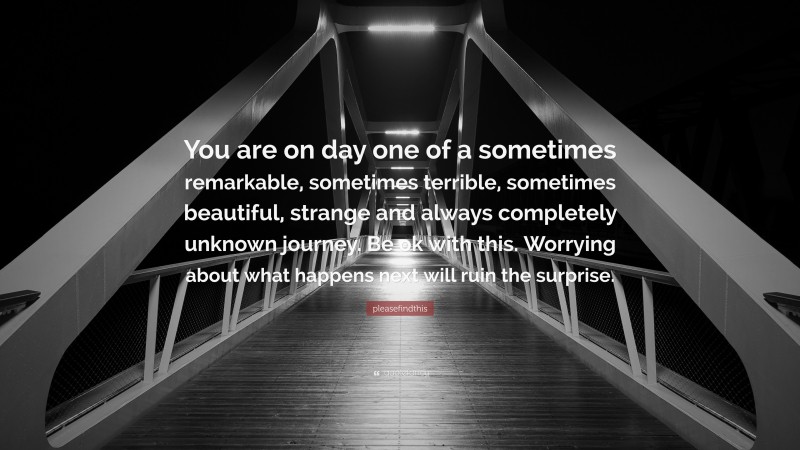 pleasefindthis Quote: “You are on day one of a sometimes remarkable, sometimes terrible, sometimes beautiful, strange and always completely unknown journey. Be ok with this. Worrying about what happens next will ruin the surprise.”