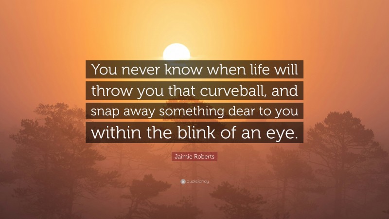 Jaimie Roberts Quote: “You never know when life will throw you that curveball, and snap away something dear to you within the blink of an eye.”
