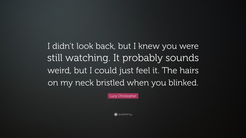 Lucy Christopher Quote: “I didn’t look back, but I knew you were still watching. It probably sounds weird, but I could just feel it. The hairs on my neck bristled when you blinked.”