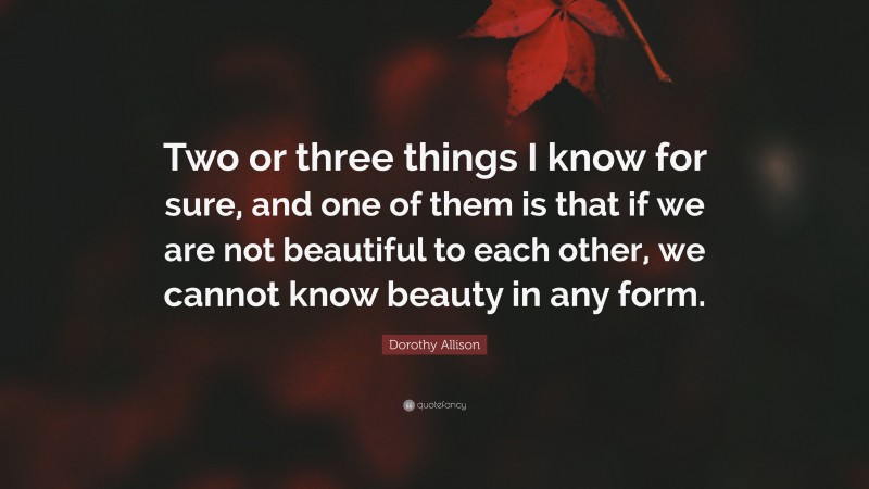 Dorothy Allison Quote: “Two or three things I know for sure, and one of them is that if we are not beautiful to each other, we cannot know beauty in any form.”