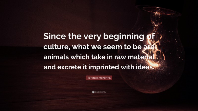Terence McKenna Quote: “Since the very beginning of culture, what we seem to be are animals which take in raw material and excrete it imprinted with ideas.”