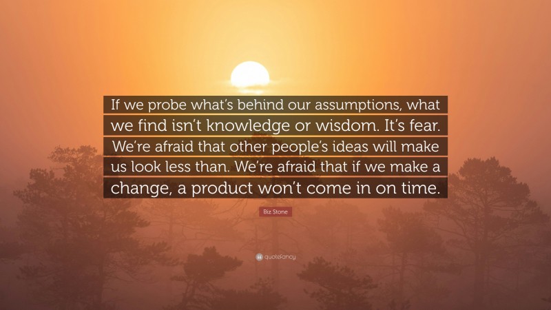 Biz Stone Quote: “If we probe what’s behind our assumptions, what we find isn’t knowledge or wisdom. It’s fear. We’re afraid that other people’s ideas will make us look less than. We’re afraid that if we make a change, a product won’t come in on time.”