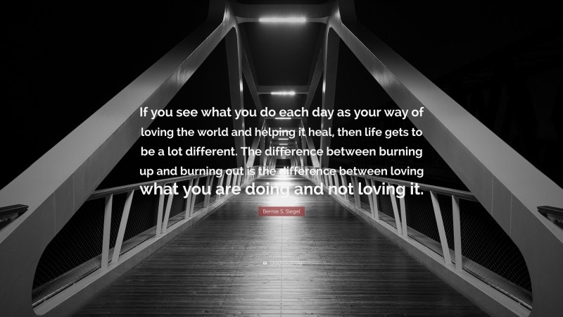 Bernie S. Siegel Quote: “If you see what you do each day as your way of loving the world and helping it heal, then life gets to be a lot different. The difference between burning up and burning out is the difference between loving what you are doing and not loving it.”