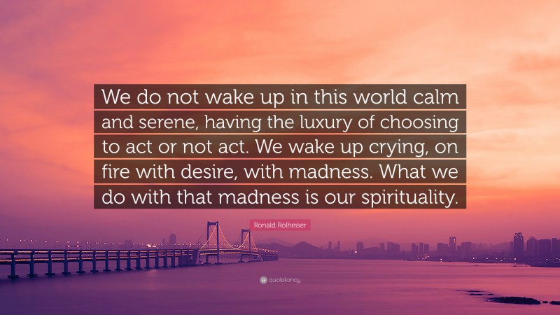 Ronald Rolheiser Quote: “We do not wake up in this world calm and serene, having the luxury of choosing to act or not act. We wake up crying, on fire with desire, with madness. What we do with that madness is our spirituality.”