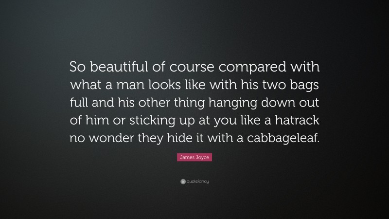 James Joyce Quote: “So beautiful of course compared with what a man looks like with his two bags full and his other thing hanging down out of him or sticking up at you like a hatrack no wonder they hide it with a cabbageleaf.”