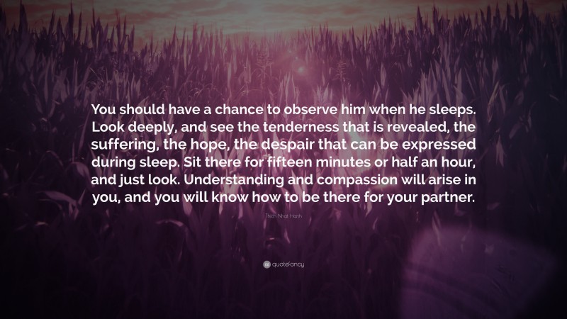 Thich Nhat Hanh Quote: “You should have a chance to observe him when he sleeps. Look deeply, and see the tenderness that is revealed, the suffering, the hope, the despair that can be expressed during sleep. Sit there for fifteen minutes or half an hour, and just look. Understanding and compassion will arise in you, and you will know how to be there for your partner.”