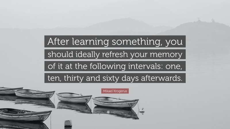 Mikael Krogerus Quote: “After learning something, you should ideally refresh your memory of it at the following intervals: one, ten, thirty and sixty days afterwards.”