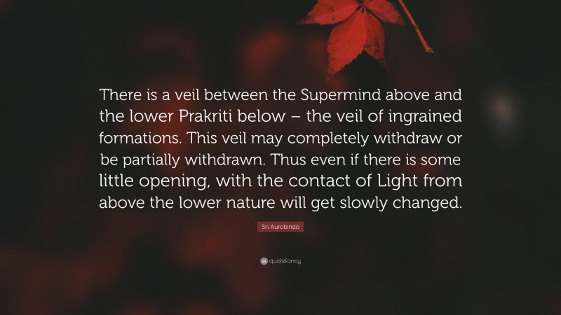 Sri Aurobindo Quote: “There is a veil between the Supermind above and the lower Prakriti below – the veil of ingrained formations. This veil may completely withdraw or be partially withdrawn. Thus even if there is some little opening, with the contact of Light from above the lower nature will get slowly changed.”